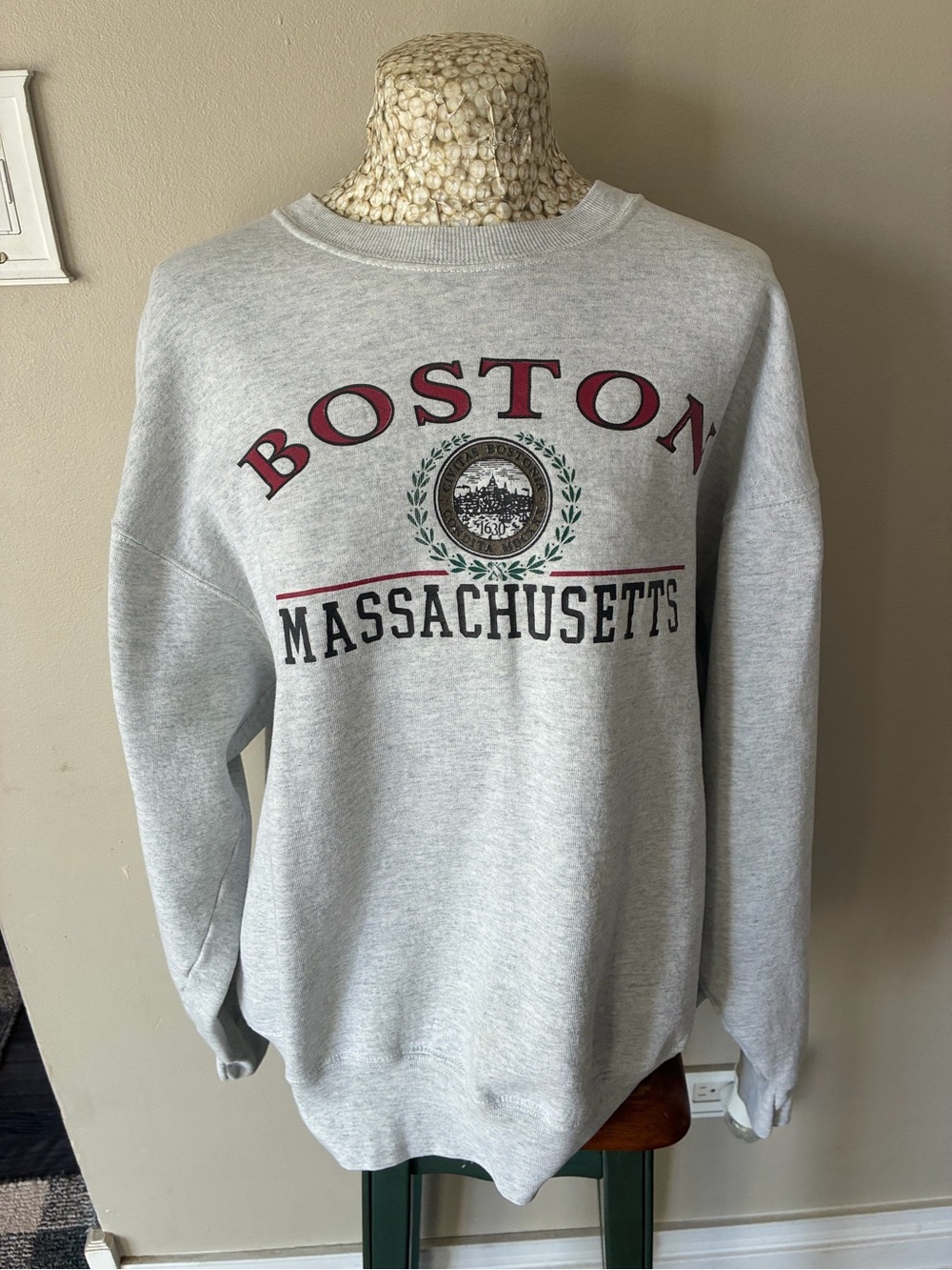 Vintage 90s Boston Massachusetts Crewneck Sweatshirt - Light Gray